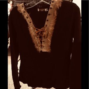 Black Sweater with Fur V Neck